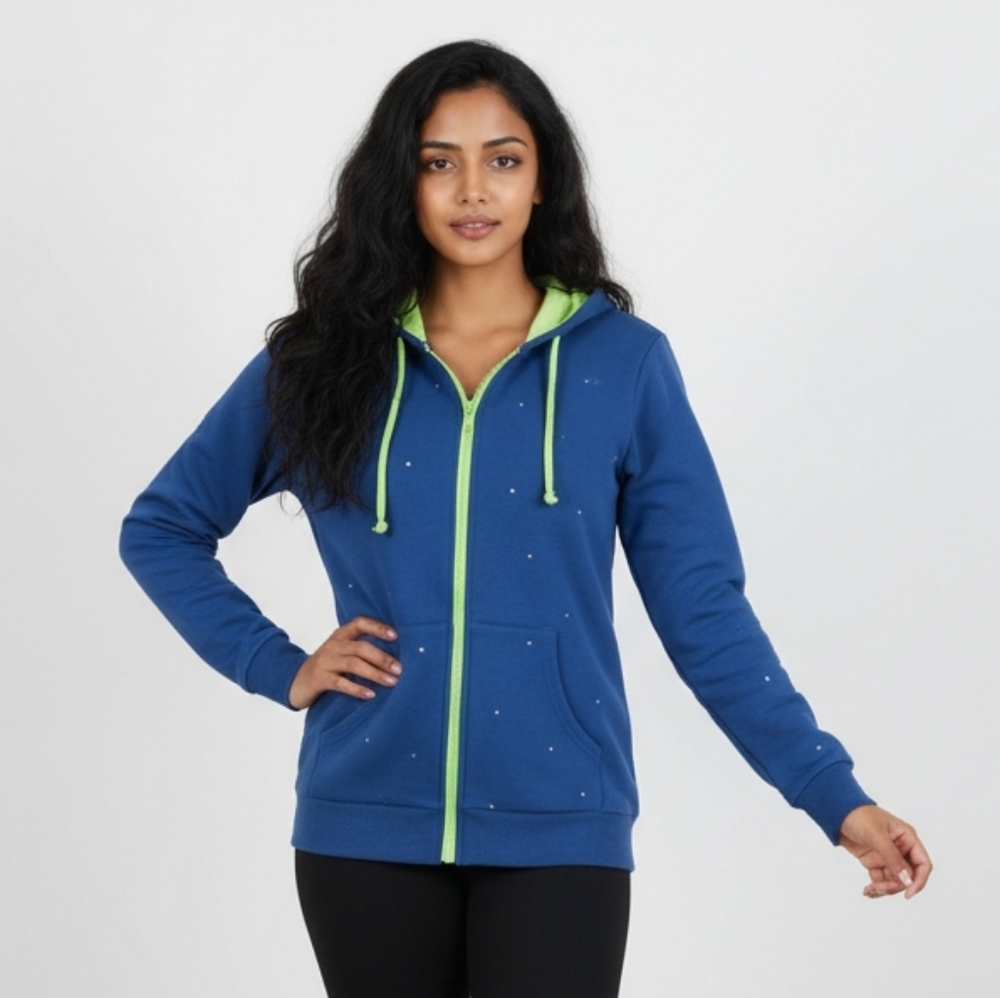 Quaker Factory Blue Full Zip Sweatshirtw/Hood Rhinestone Zipper size large